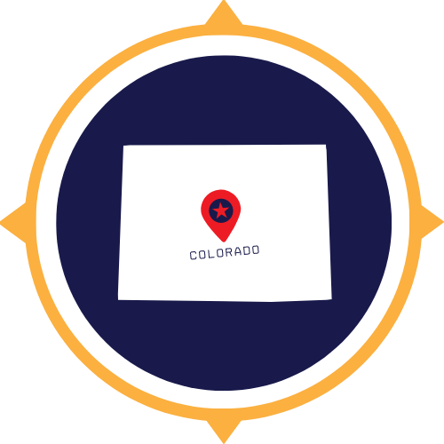 White Colorado state icon with map pin on blue background