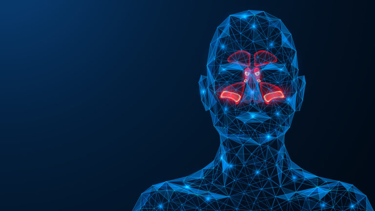 Sinusitis. Purulent inflammation of the para nasal sinuses. A low-poly model of interconnected lines and points. Blue background.